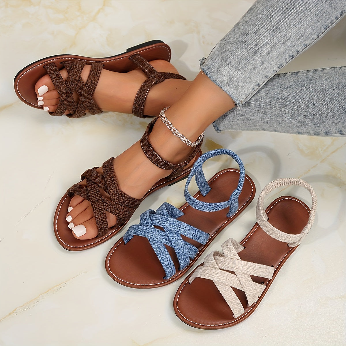 European Special - European And American New Large Size Women's Cross-velvet Open-toe Cool Slippers, Casual Fashion Outer Wear Flat Beach Summer Women's Shoes