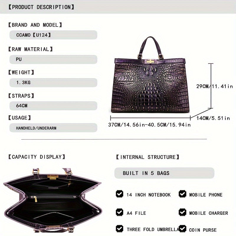 Elegant Crocodile-Embossed Tote Bag For Women - Chic Pu Leather Shoulder Handbag With Secure Twist Lock Closure, Perfect For Work & Everyday Fashion Leather Handbags For Women Leather Handbag