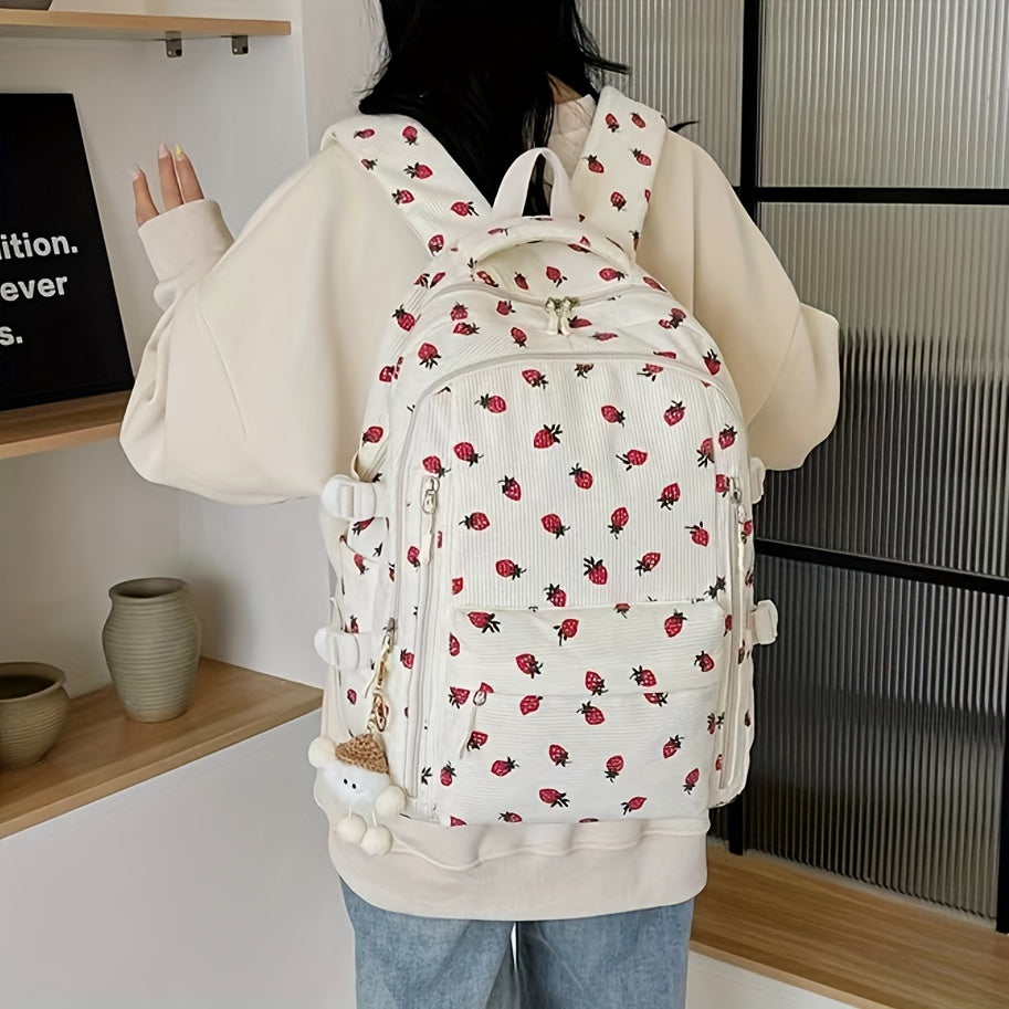 Women's Floral & Ladybug Print Backpack with Plush Fleece Lining - Adjustable Strap, Soft Shell School Backpack with Heart Cutouts & Pom-Pom Charm, Beige & Red Design, Zipper Closure, Lining & Fleece Exterior for Casual, Coll