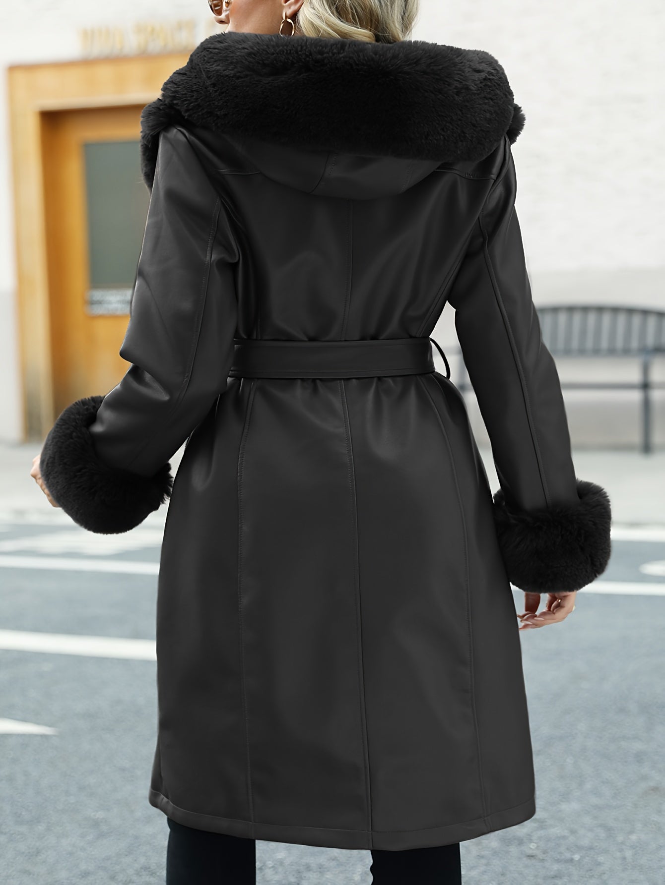 Women's Elegant Faux Fur-Trimmed PU Leather Hooded Coat - Warm Long Winter Jacket with Belt, Brown, Casual Fall/Winter Outerwear, Winter Coat