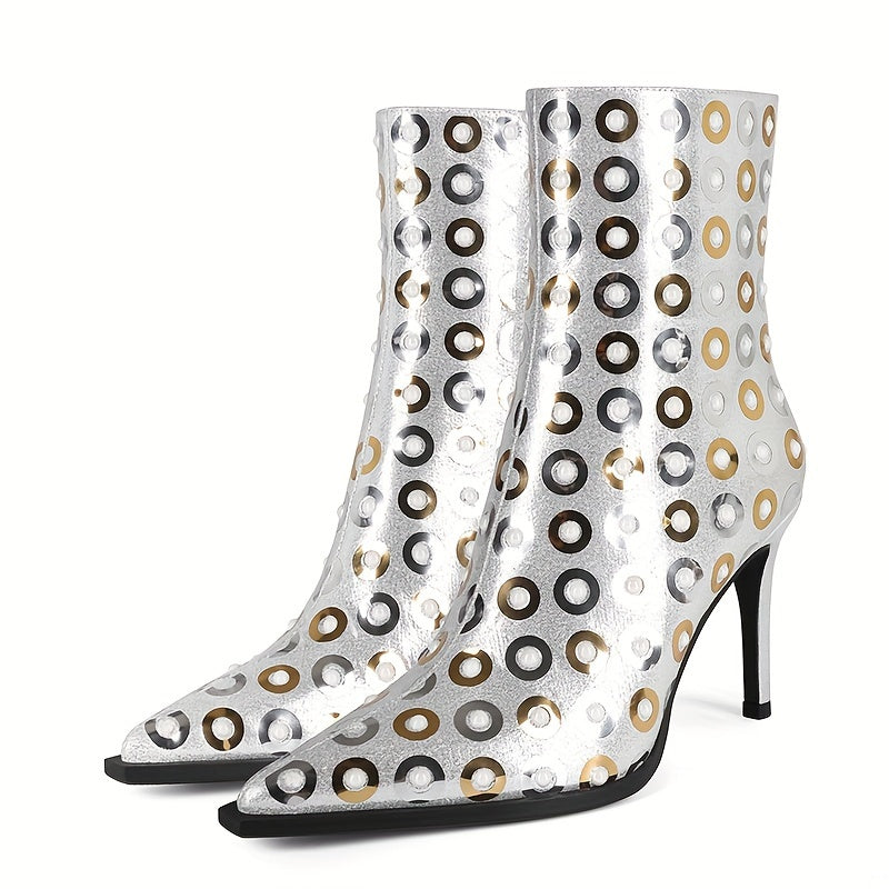 2025 Fashion Women's Shoes Pointed Toe Thin High Heel Short Boots Sequin Classic Silvery Fabric Colorful Sequins