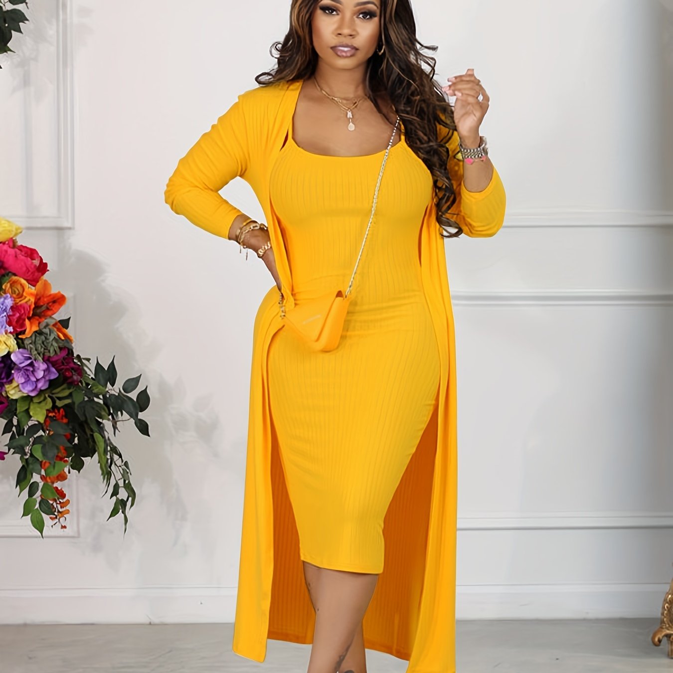 Casual Solid Ribbed Two-piece Dress Set, Long Sleeve Cardigan & Bodycon Cami Dress Outfits, Women's Clothing
