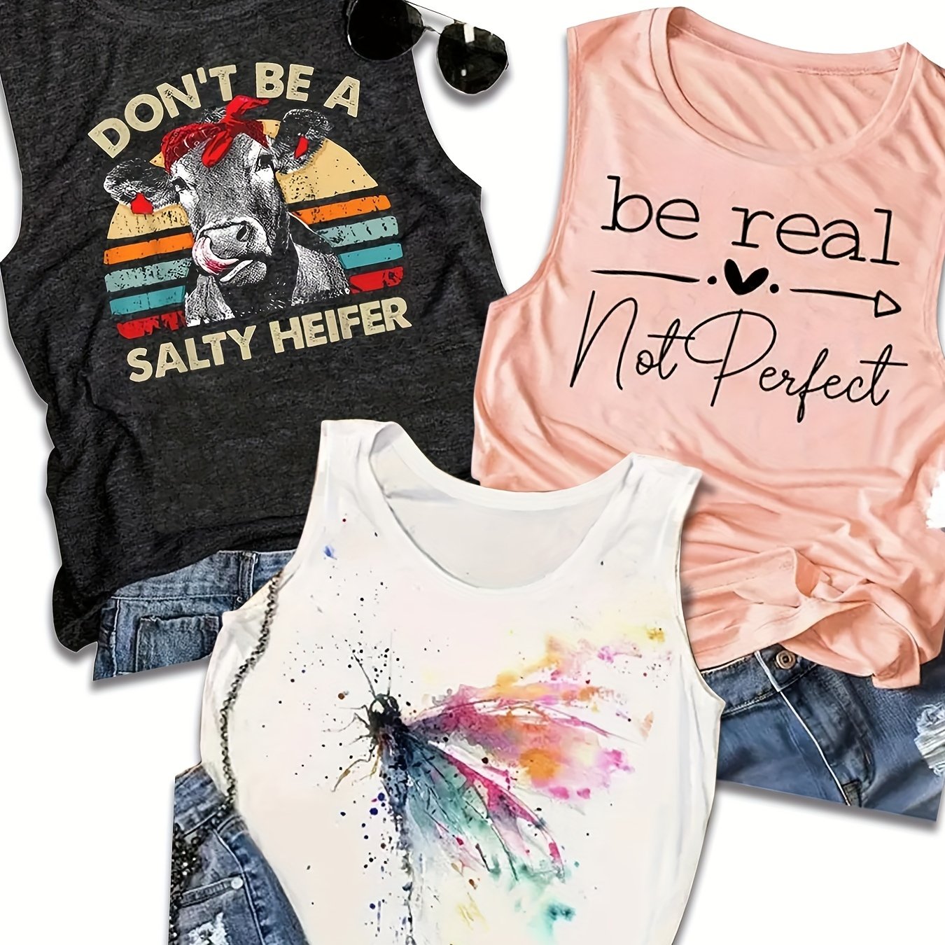 3-Pack Graphic Print Tank Tops - Breathable Crew Neck, Sleeveless Casual Style - Perfect Summer Wardrobe Staple for Women
