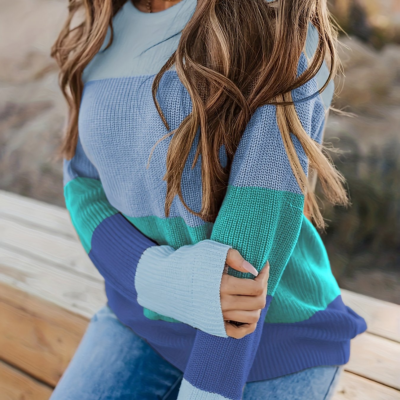 Striped Pattern Knitwear Tops, Crew Neck Long Sleeve Pullover Sweaters, Color Block Shirts, Women's Clothing