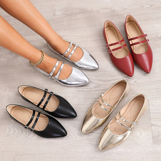 Pointed Red Single Shoes for Women Mary Jane Flat Versatile Retro Soft Cover with One-Word Buckle and Airy Choker Light Mouth Golden French Women's Shoes