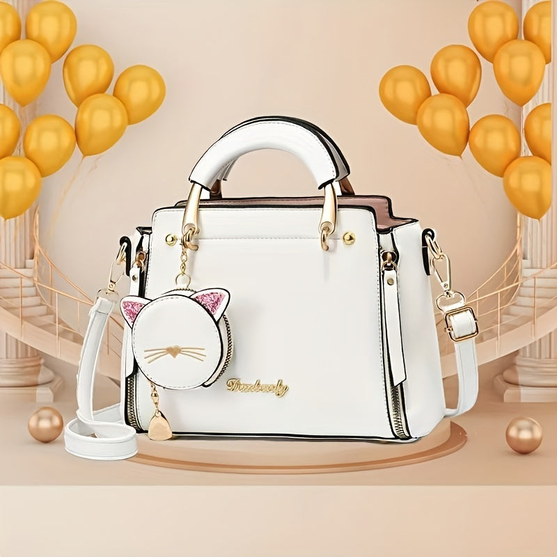 Sweet Cat Design Handbags, Fashion PU Crossbody Bag, Women's Top Handle Satchel Bag With Coin Purse