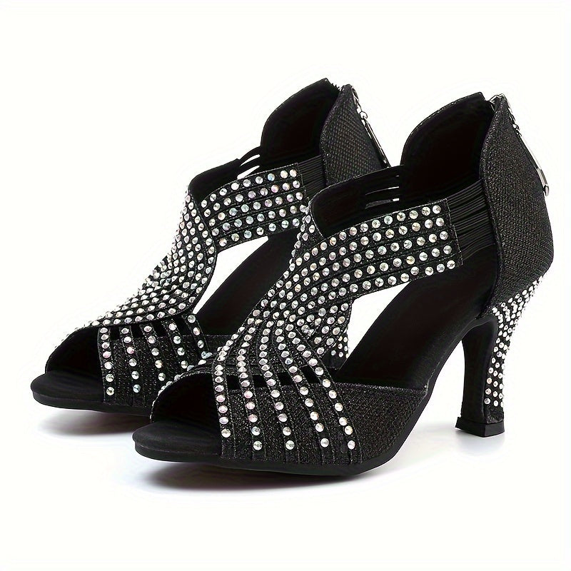 Black Color Rhinestone High Heels, Sexy Beautiful Fashion Women's Shoes, Sandals, Dance Shoes, Latin Dance Shoes For Music Festival