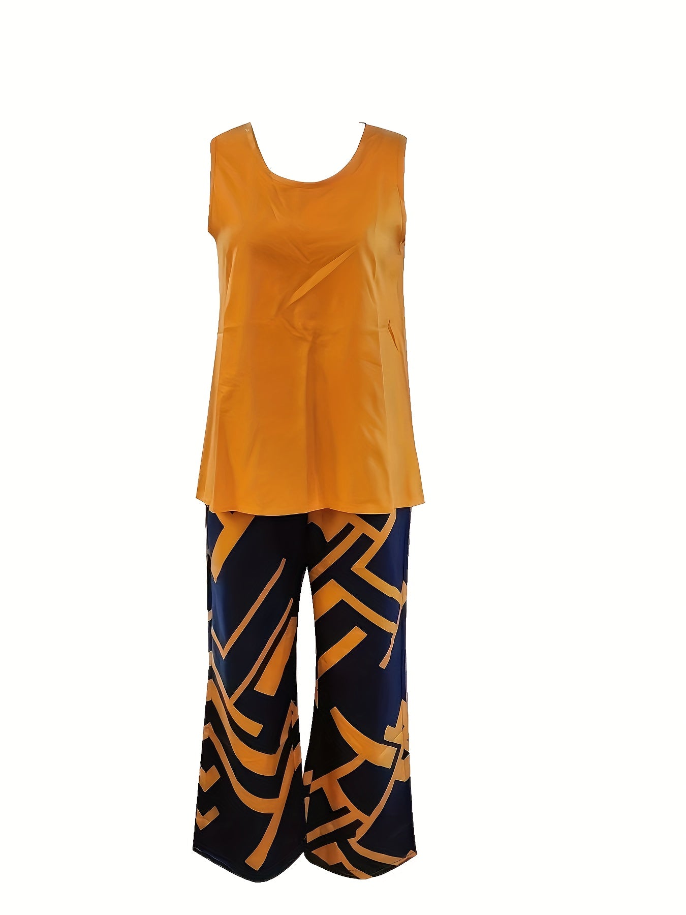 Chic Womens Two-piece Set - Sleeveless Vest Tops with Geo Print Wide Leg Pants - Casual Spring & Fall Outfit for Effortless Style