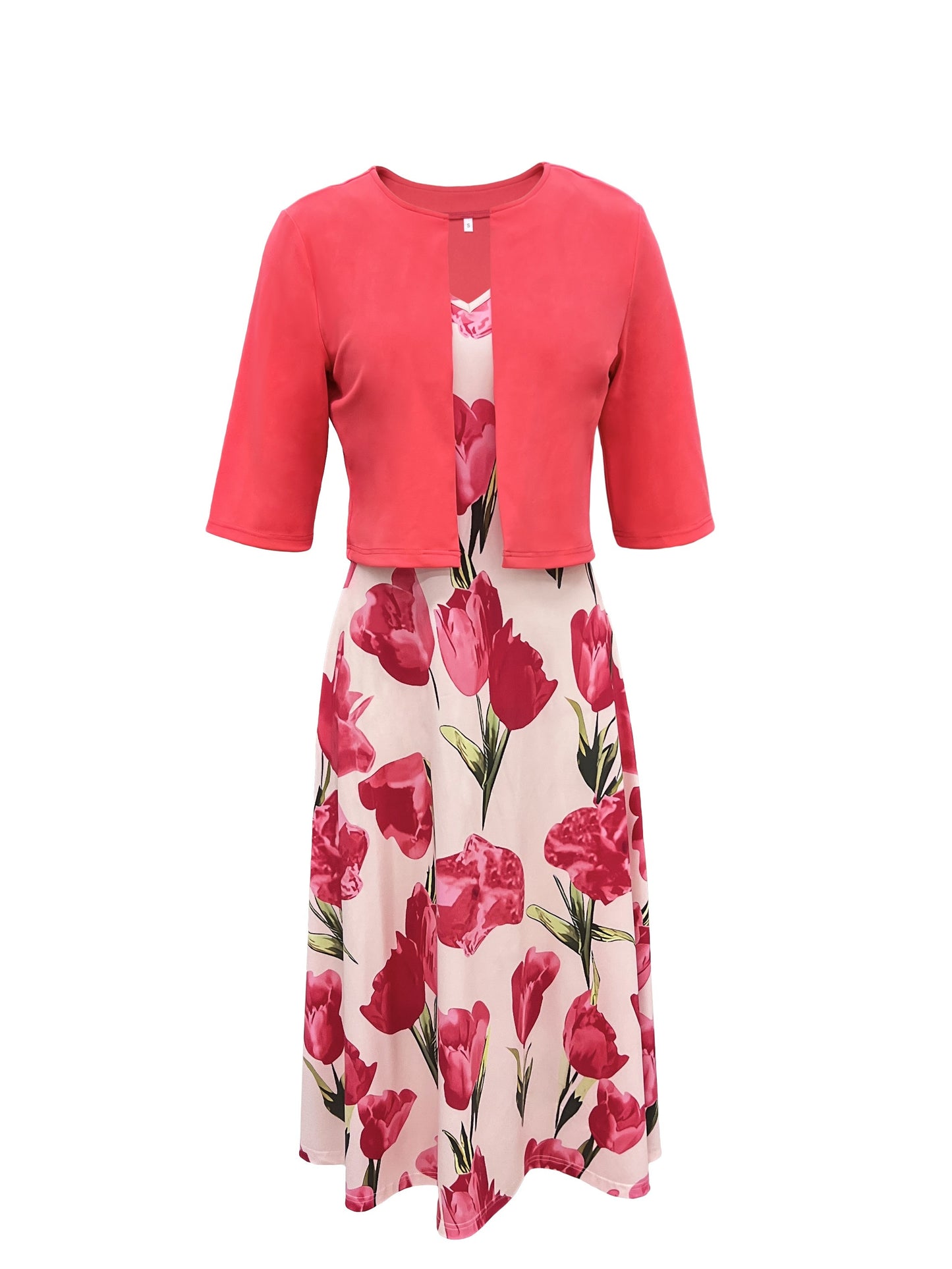 Plus Size Floral Print Two-piece Dress Set, V Neck Sleeveless Dress & Half Sleeve Open Front Top Outfits, Women's Plus Size Clothing