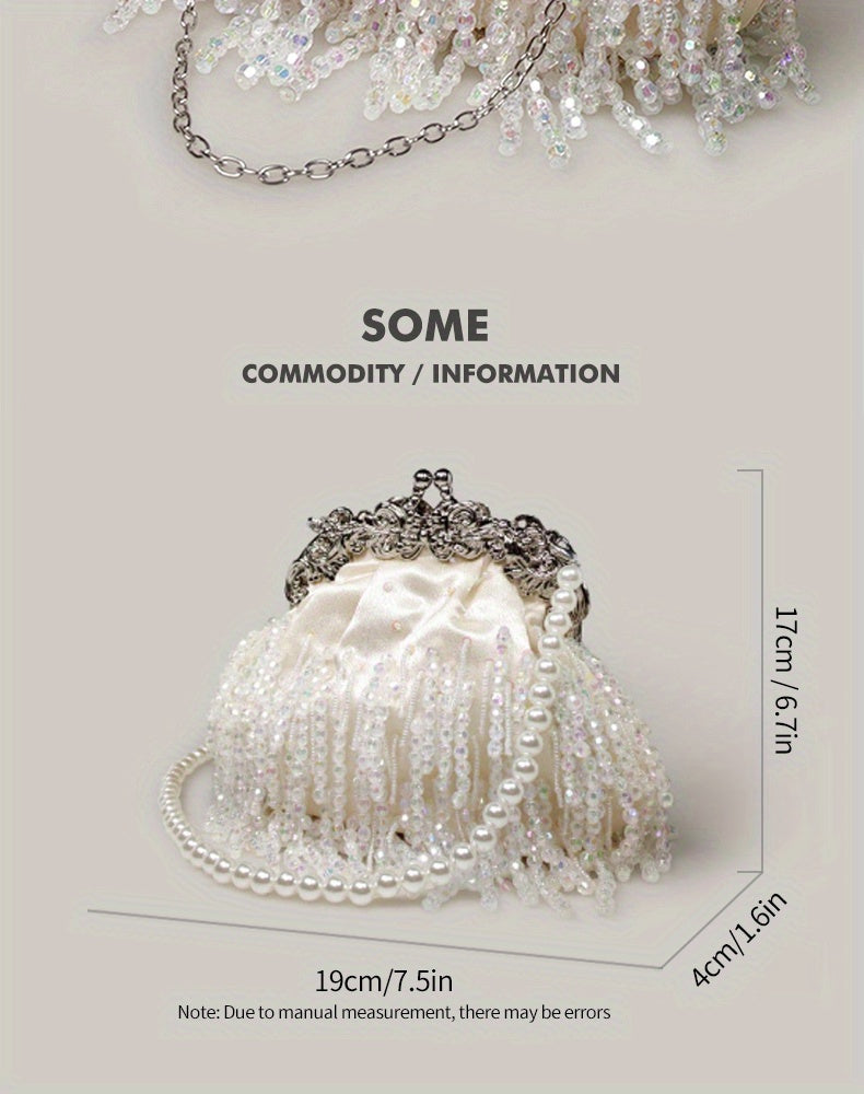 Beaded Crystal Evening Bag For Women, Tassel Decor Kiss Lock Clutch Purse, Elegant Satin Handbags For Wedding Prom Party