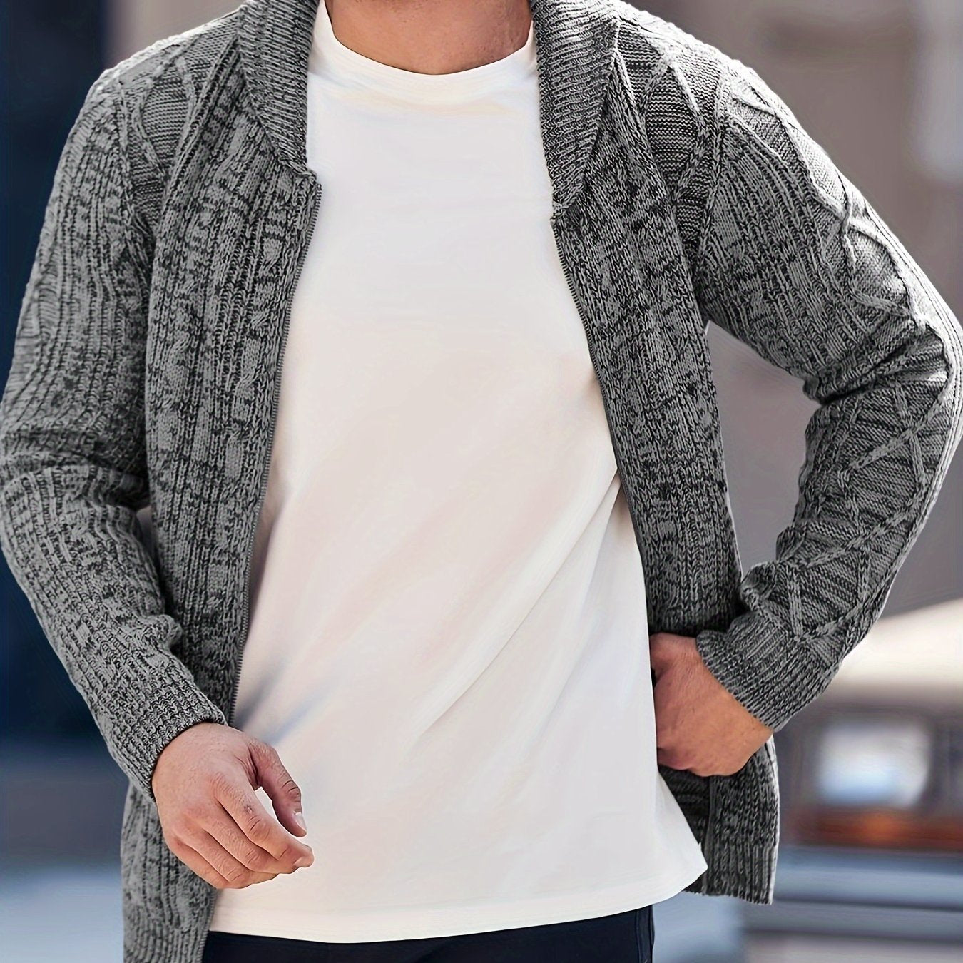Mens Shawl Neck Cardigan Sweater Cable Knit Zip Up Closure with Pockets Winter Jacket Outerwear