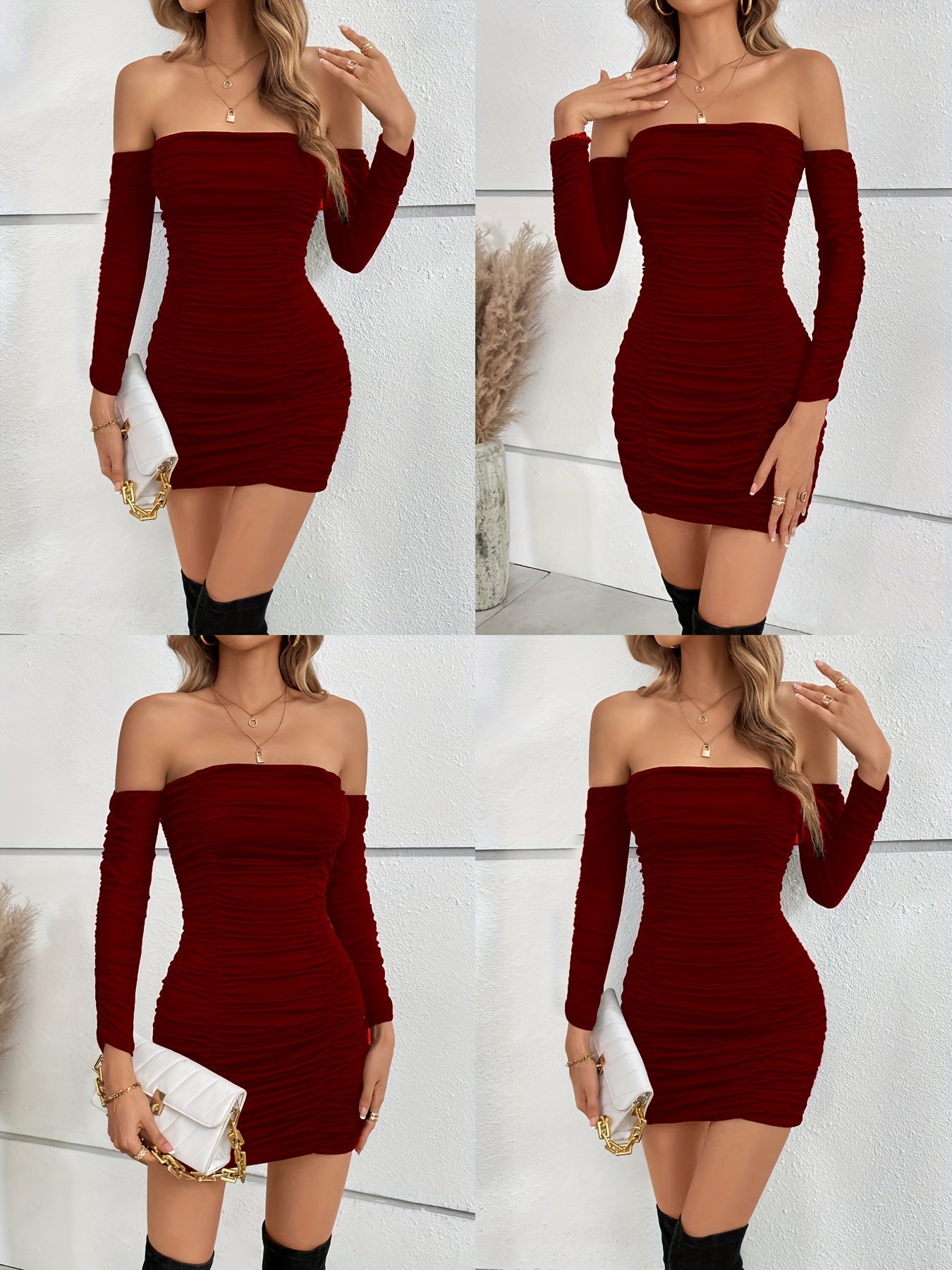 Off Shoulder Bodycon Ruched Dress, Sexy Backless Long Sleeve Dress, Women's Clothing