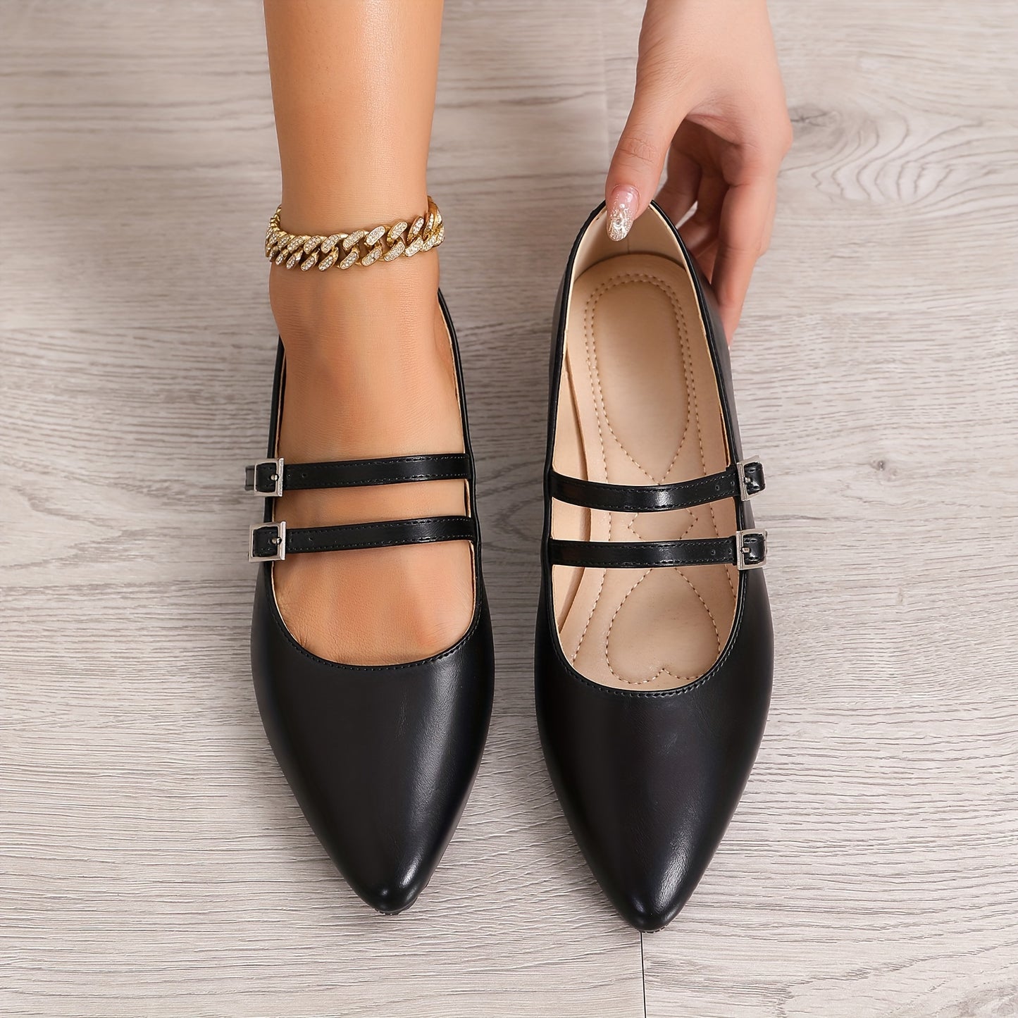 Pointed Red Single Shoes for Women Mary Jane Flat Versatile Retro Soft Cover with One-Word Buckle and Airy Choker Light Mouth Golden French Women's Shoes