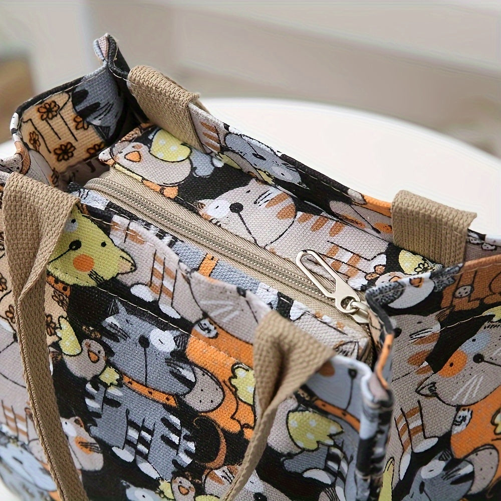 Cartoon Canvas Handbags, Cat Print Lunch Box Bag, Portable Storage Handbags For Work School