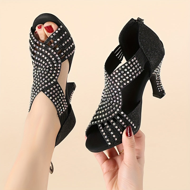 Black Color Rhinestone High Heels, Sexy Beautiful Fashion Women's Shoes, Sandals, Dance Shoes, Latin Dance Shoes For Music Festival