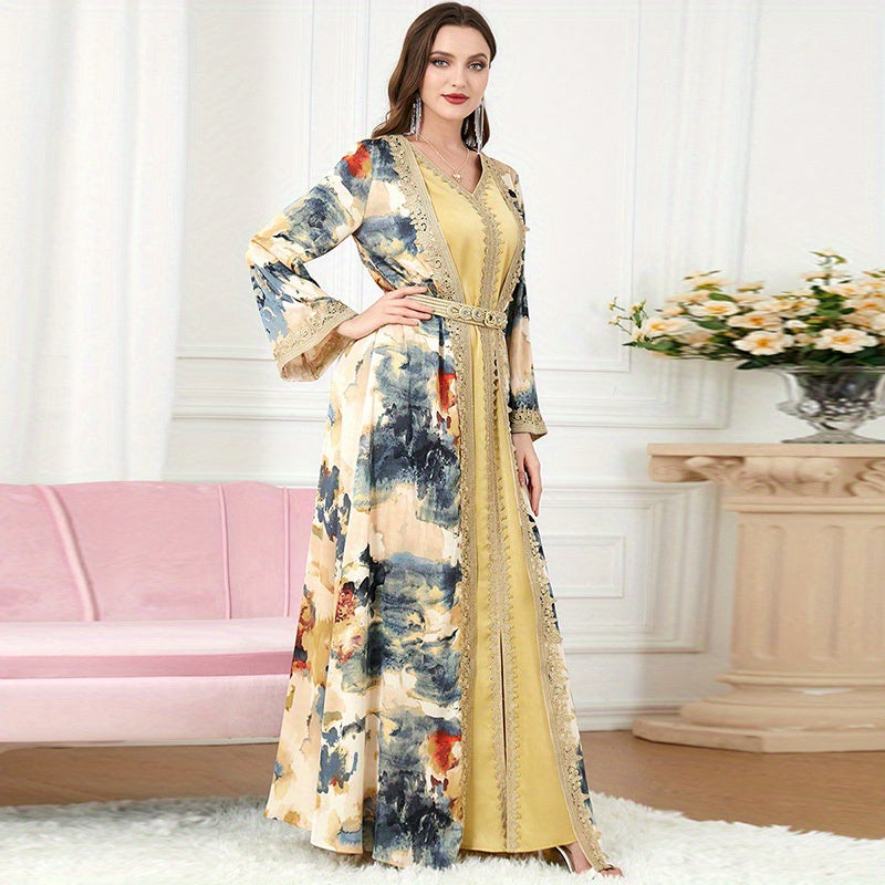 Turkish Kafan Women's Two-Piece Dress Set with V-Neck Satin Painting Kimono for Morocco Dubai Eid Fashion Dress to Show Slimming Temperament for Malaysia Indonesia Pakistan Party Long Robe