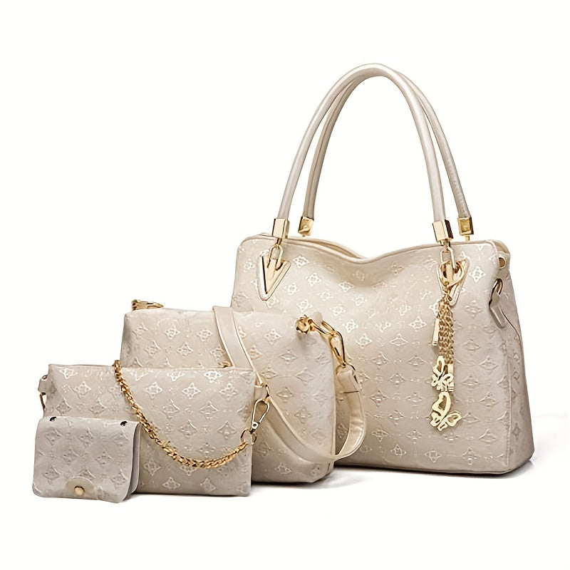 4-Piece Set of Stylish Faux Leather Purses and Handbags - Zipper Closure, Polyester Lining, Animal Print Pattern, Tote, Satchel, and Shoulder Bags for Women