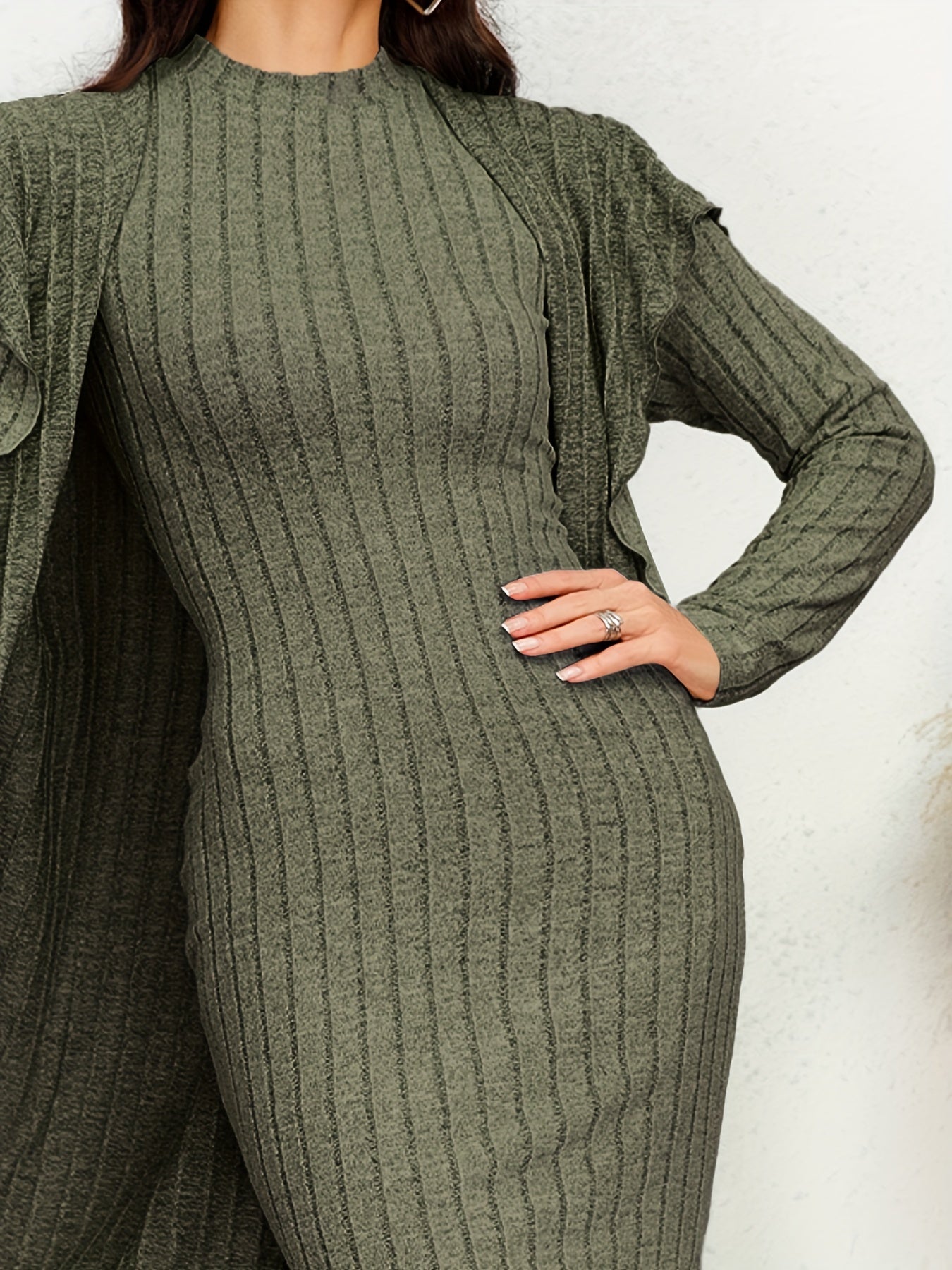 Chic Ribbed Two-piece Dress Set - Solid Color Sleeveless Tank & Ruffle-Trim Long Sleeve Cardigan - Womens Casual to Dressy Outfit