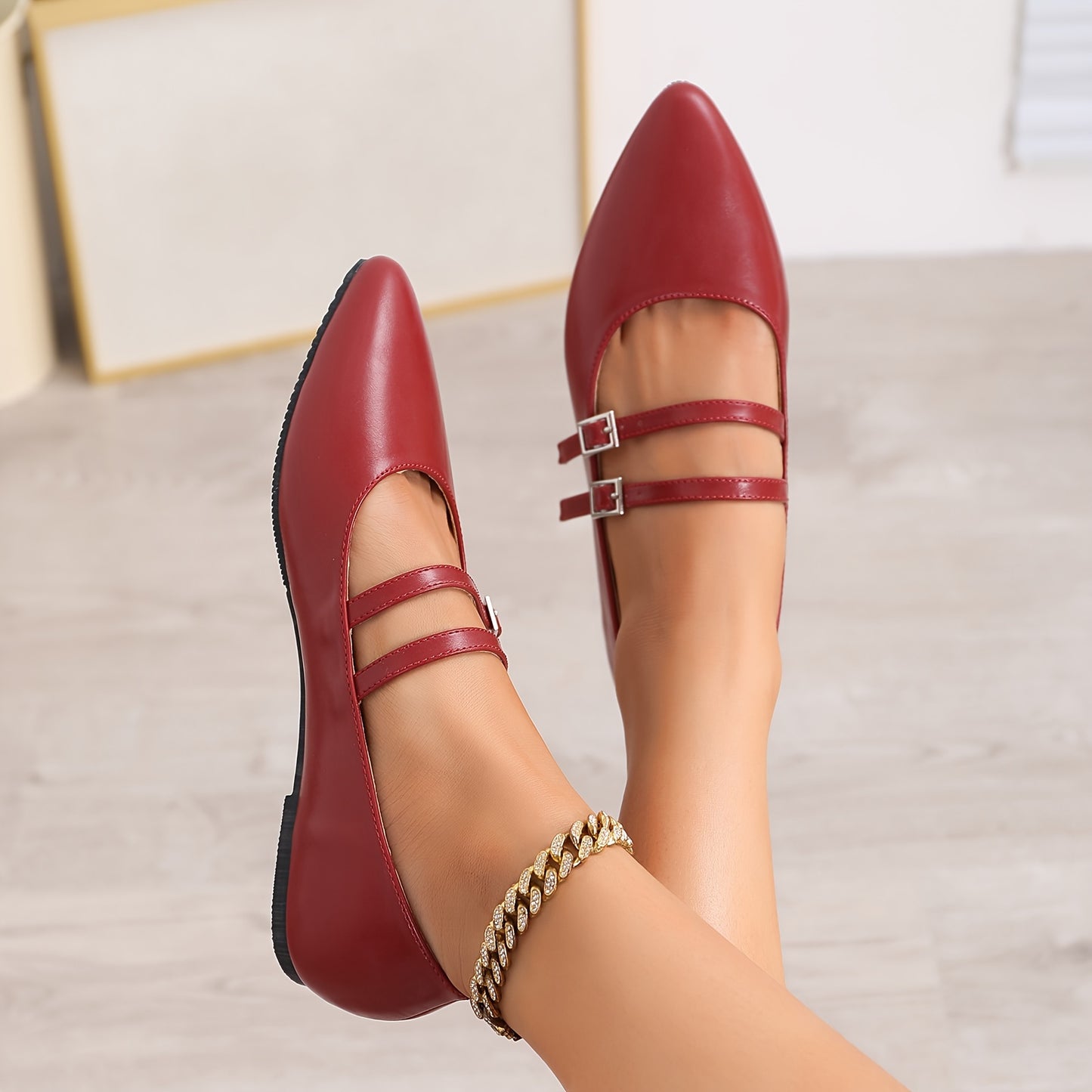 Pointed Red Single Shoes for Women Mary Jane Flat Versatile Retro Soft Cover with One-Word Buckle and Airy Choker Light Mouth Golden French Women's Shoes