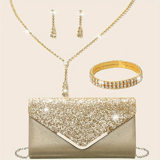4pcs Women Rhinestone Evening Clutch Bag Silvery Clutch Purses Bag for Women Evening Rhinestone Jewelry Set, Evening Bags for Women High Quality, Designer Handbags for Women, Elegant Clutch Bags for Women Elegant, Vintage Han