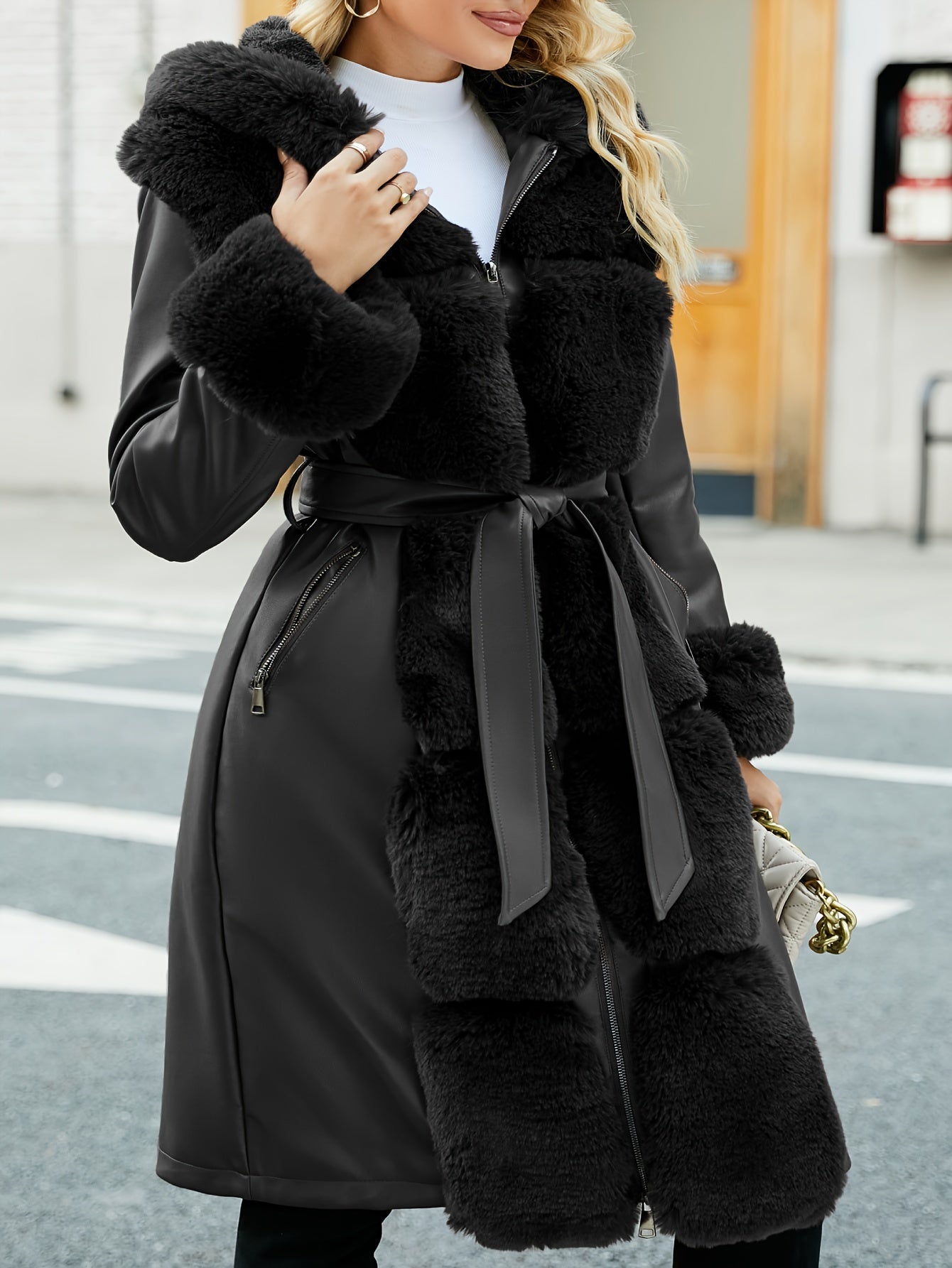 Women's Elegant Faux Fur-Trimmed PU Leather Hooded Coat - Warm Long Winter Jacket with Belt, Brown, Casual Fall/Winter Outerwear, Winter Coat