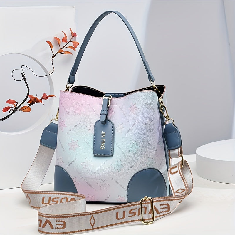 Trendy Ombre Bucket Bag, Letter Print Handbag, Fashion Buckle Decor Handbags, Women'S Every Day Purses