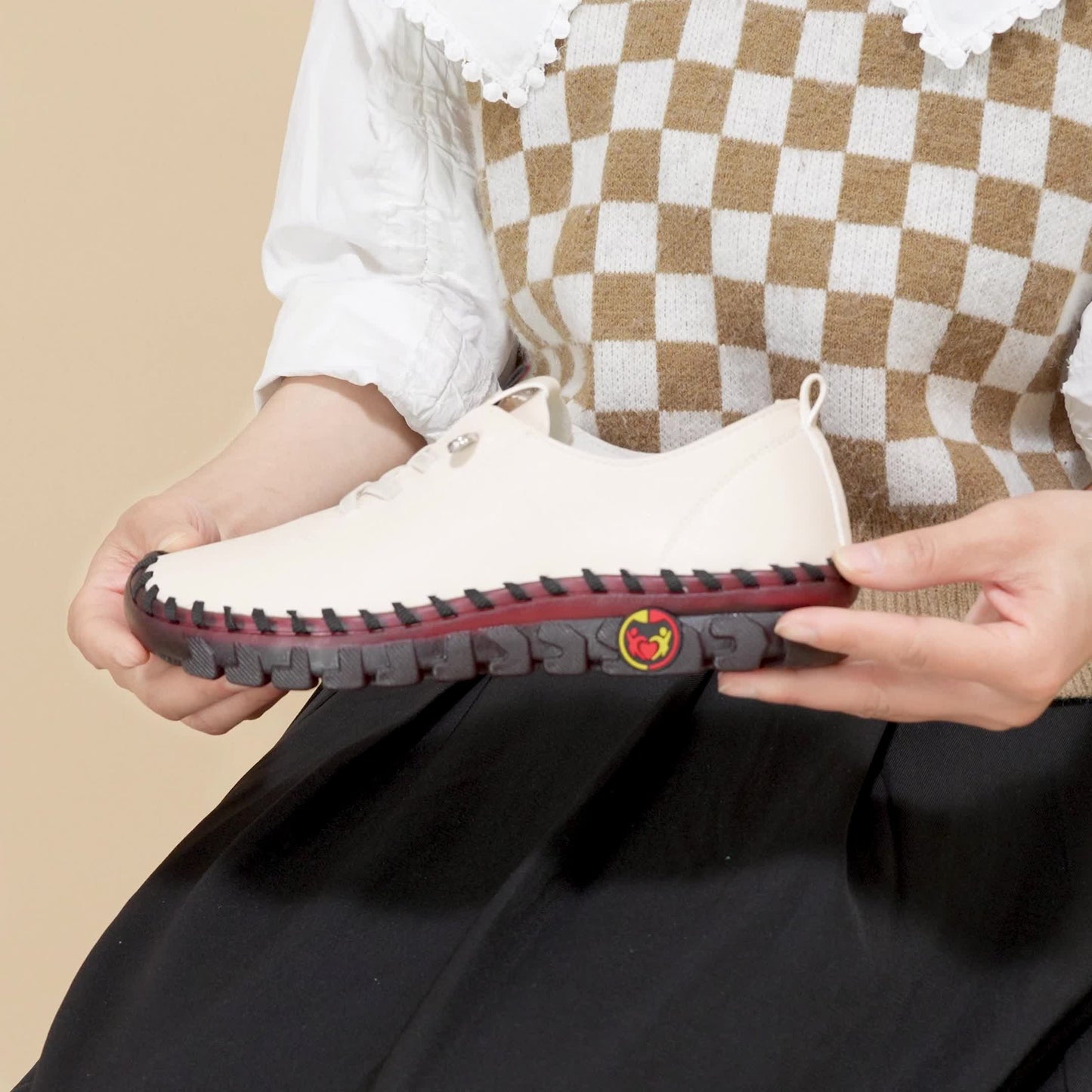 Women's Beige & Burgundy Round-Toe Casual Shoes - All-Season Synthetic Cover-like Upper with Cushioned PVC Sole, Round-Toe Walking Shoes for Square Dance, Dance Practice, Daily Wear - Comfortable Dress Footwear (Hand Washable
