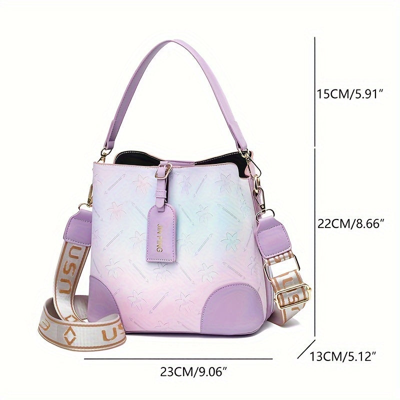 Trendy Ombre Bucket Bag, Letter Print Handbag, Fashion Buckle Decor Handbags, Women'S Every Day Purses