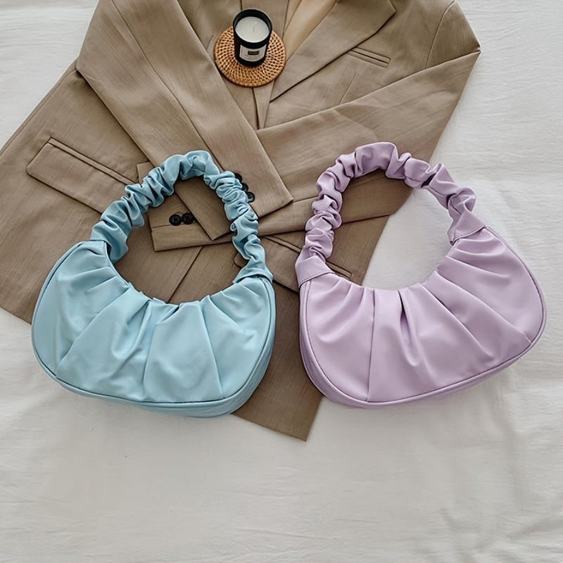 Cloud Ruched Hobo Bag, Trendy Handbags For Women, Solid Color Underarm Purses