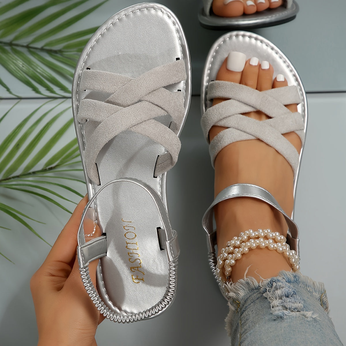 European Special - European And American New Large Size Women's Cross-velvet Open-toe Cool Slippers, Casual Fashion Outer Wear Flat Beach Summer Women's Shoes