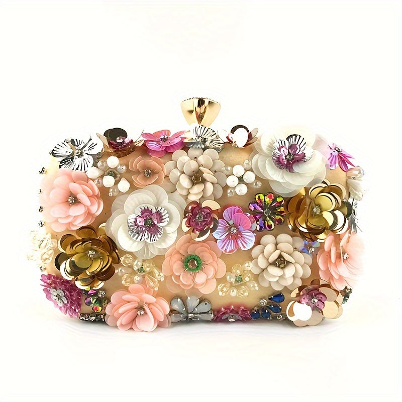 One 3D Beaded Flower Exquisite Evening Bag - Elegant Box Clutch Purse with Sparkling Accents, Women's Wedding Handbags for Party Prom, Carnival Mardi Gras Music Festival, and Formal Occasions - Perfect for Making a Statement