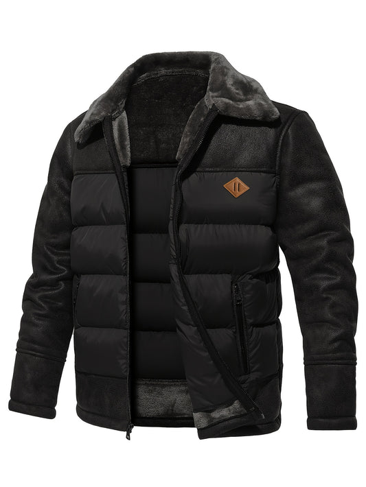 Men's Casual Winter Jacket - Warm Fleece-Lined Coat with Zippered Pockets, Brown & Beige Design, Perfect for Outdoor Activities & Casual Attire, Cold Weather Gear | Sleek Look | Suedelike Finish, Winter Clothes