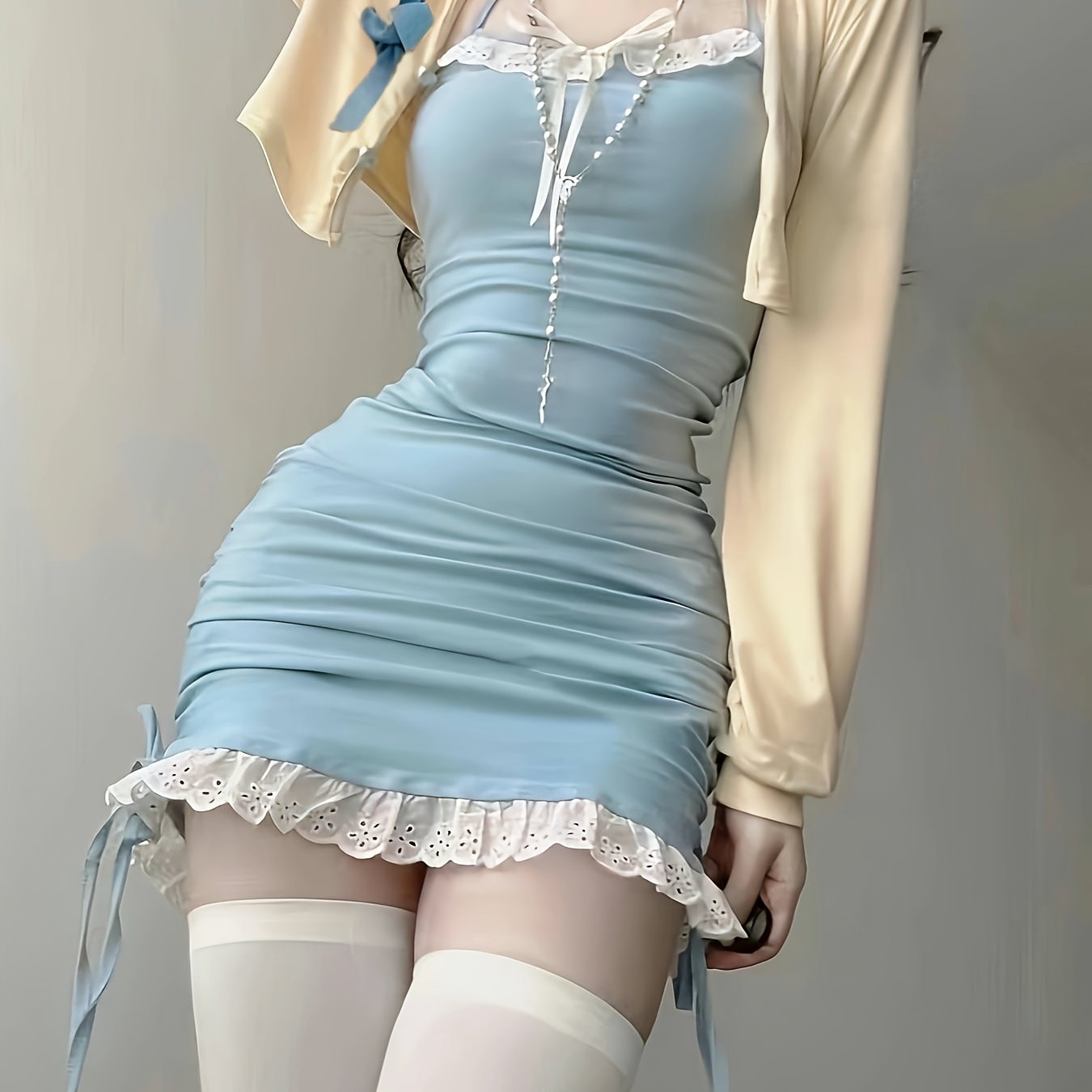 Sexy Blue Halter Neck Two-Piece Dress Set with Ribbon Detail - Polyester, Lace Trim, Long Sleeve Cardigan, All-Season Fashion, Casual Attire|Ribbon Accent|Polyester Fabric, Sexy Dresses