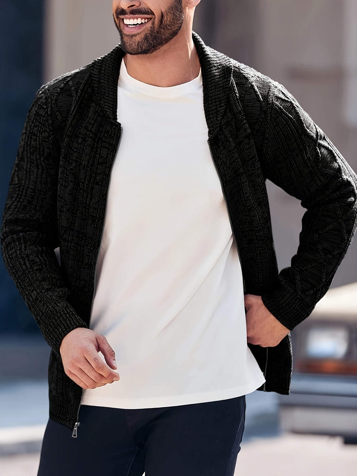 Mens Shawl Neck Cardigan Sweater Cable Knit Zip Up Closure with Pockets Winter Jacket Outerwear