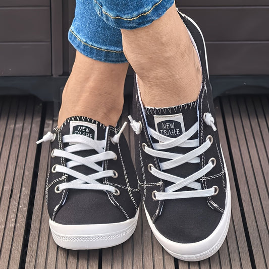 Women's Black Fashion Canvas Shoes, Flat Comfortable Breathable Light Round-headed Lace Casual Large Women's Shoes Cloth Shoes