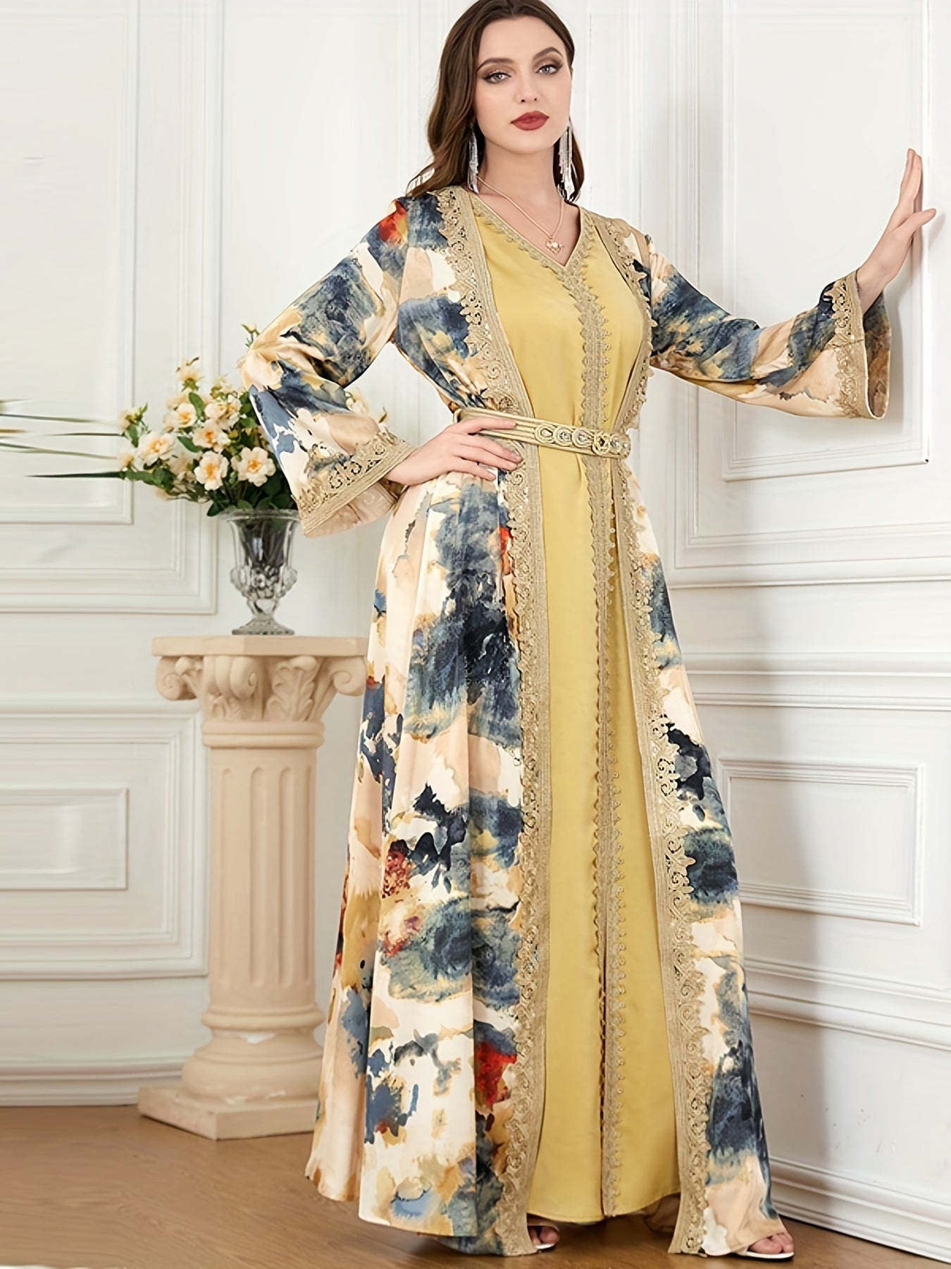 Turkish Kafan Women's Two-Piece Dress Set with V-Neck Satin Painting Kimono for Morocco Dubai Eid Fashion Dress to Show Slimming Temperament for Malaysia Indonesia Pakistan Party Long Robe