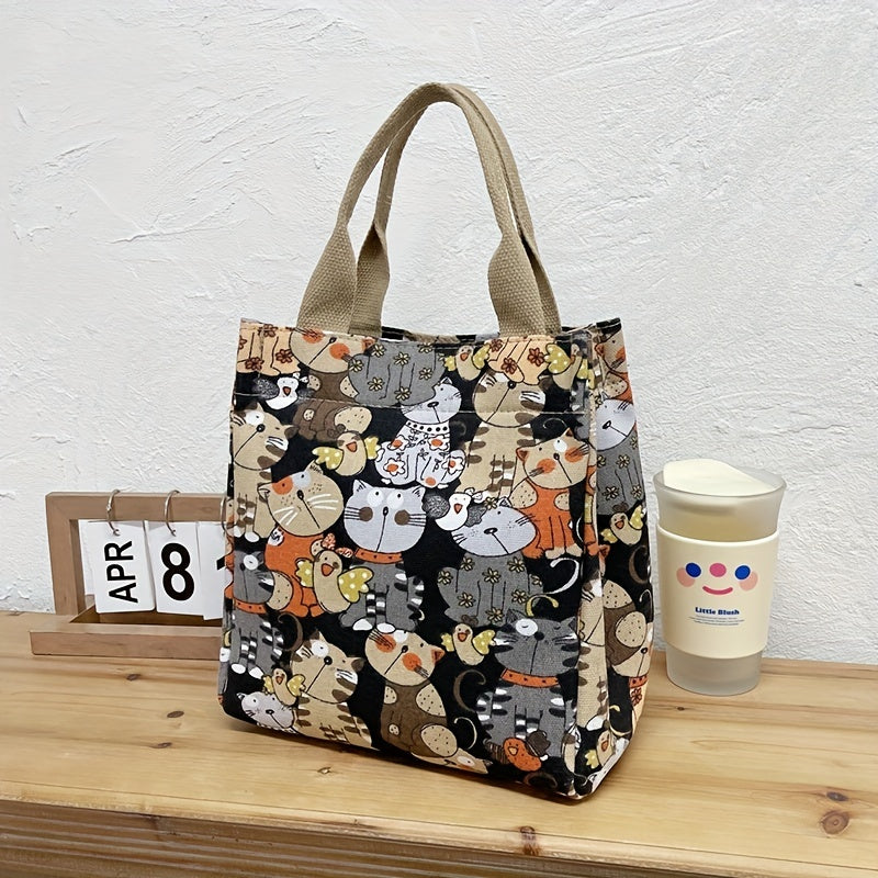 Cartoon Canvas Handbags, Cat Print Lunch Box Bag, Portable Storage Handbags For Work School