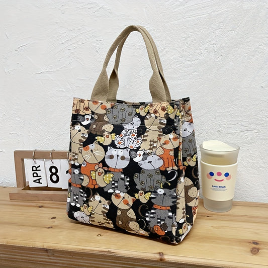 Cartoon Canvas Handbags, Cat Print Lunch Box Bag, Portable Storage Handbags For Work School