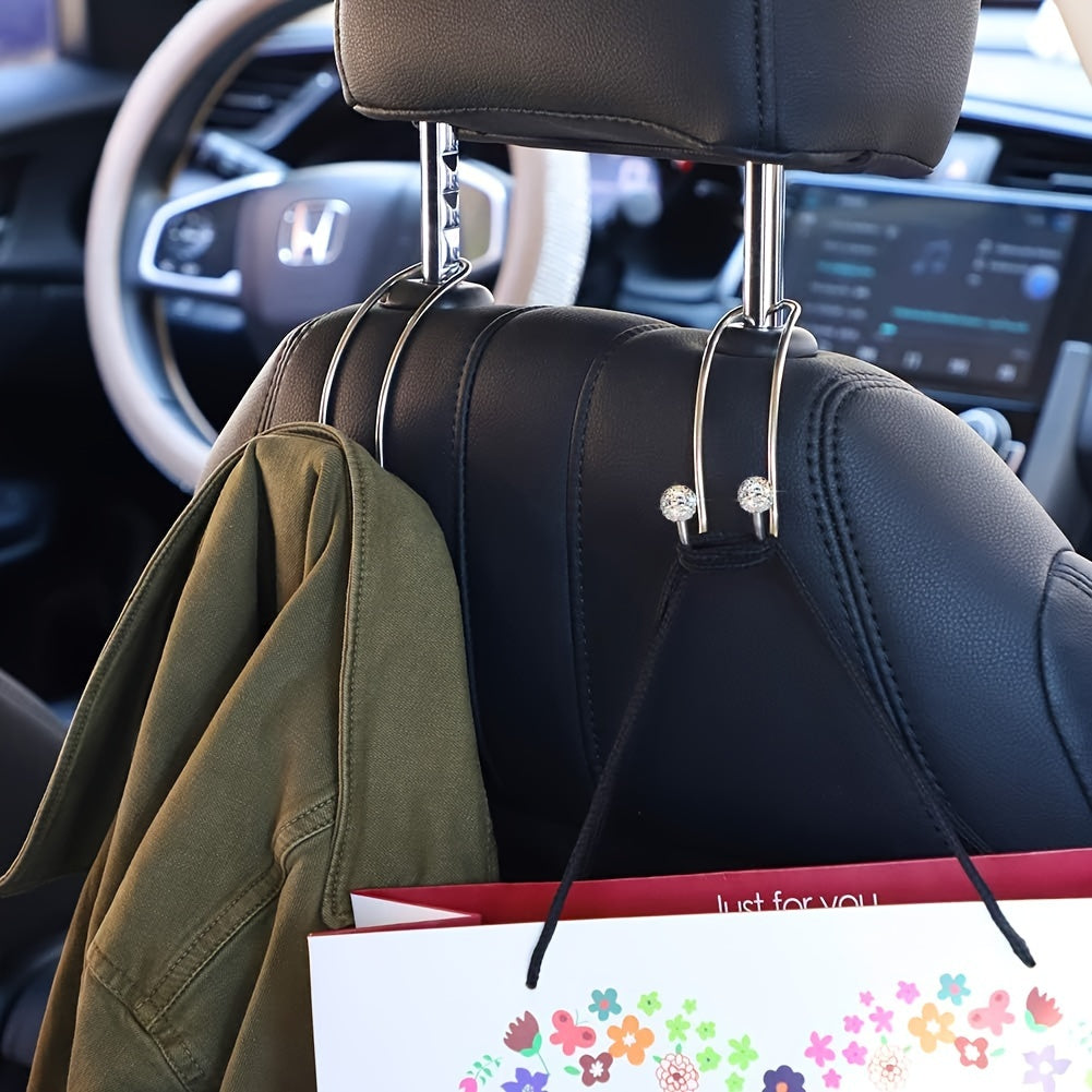 Fashion Car Headrest Hooks with Crystal Decoration - 2 Pack, Durable Metal Auto Backseat Hanger, Easy Installation, Wall Mount Option, Polished Finish, Multifunctional for Handbags, Clothes & Accessories