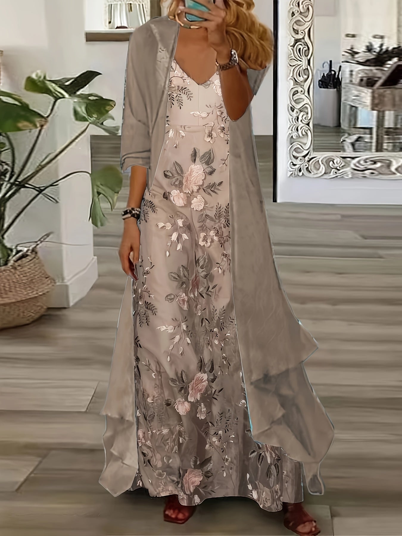 Women's Dress Set Two-Piece Dress Extra Long Dress 3/4 Sleeve Floral Print Halter Dress