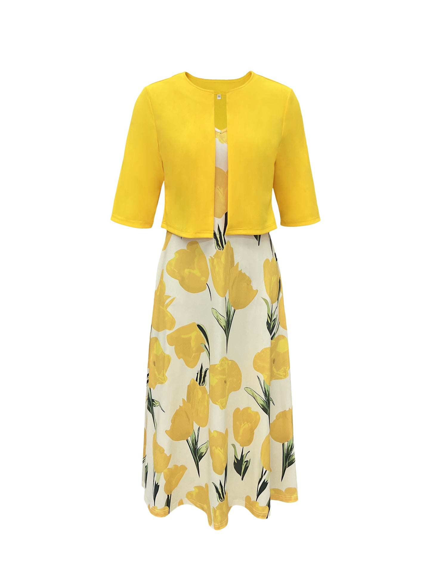 Plus Size Floral Print Two-piece Dress Set, V Neck Sleeveless Dress & Half Sleeve Open Front Top Outfits, Women's Plus Size Clothing