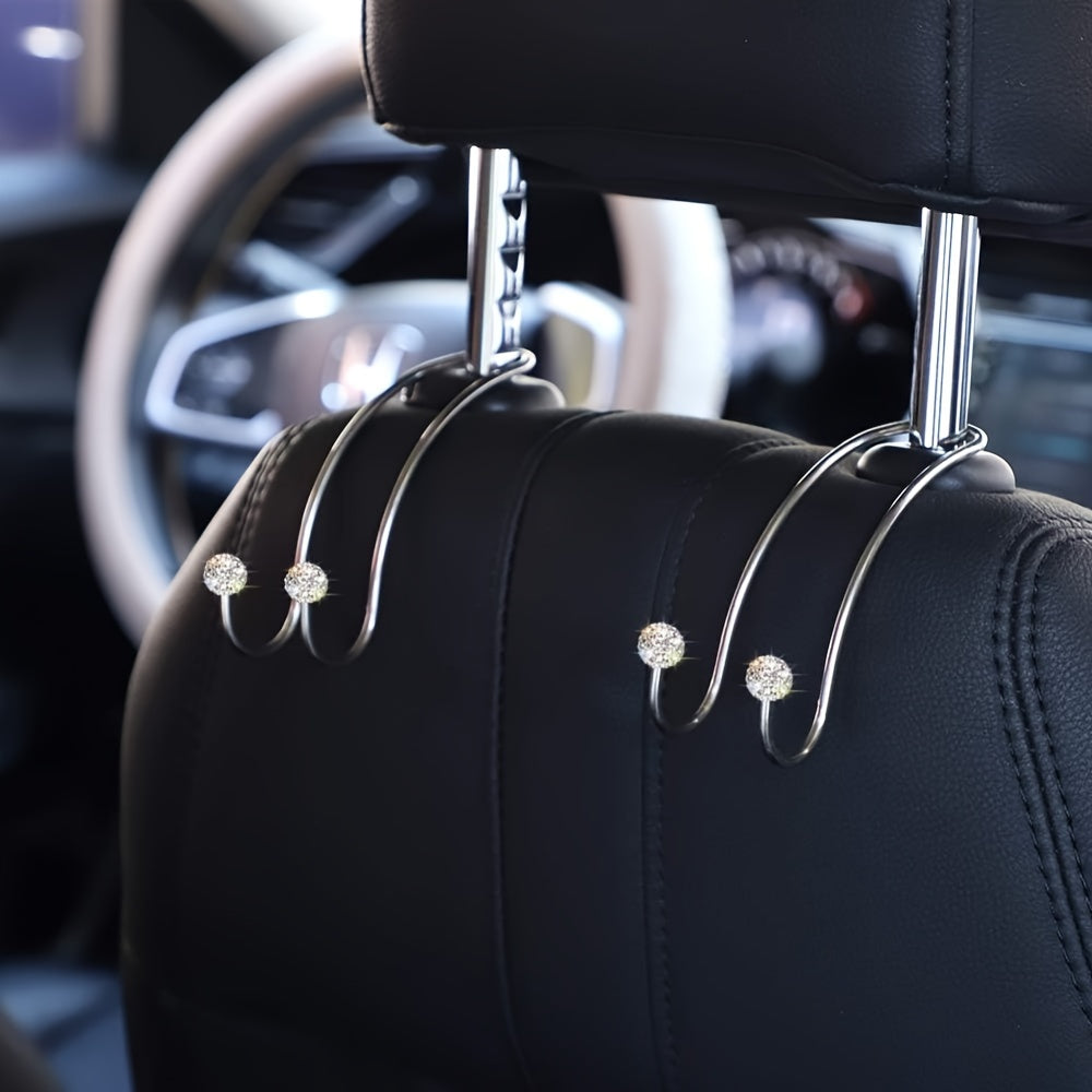 Fashion Car Headrest Hooks with Crystal Decoration - 2 Pack, Durable Metal Auto Backseat Hanger, Easy Installation, Wall Mount Option, Polished Finish, Multifunctional for Handbags, Clothes & Accessories