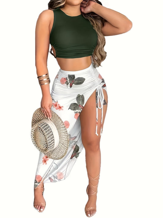 Casual Spring & Summer Two-piece Set, Solid Slim Cropped Tops & Floral Print Split Thigh Skirts Outfits, Women's Clothing