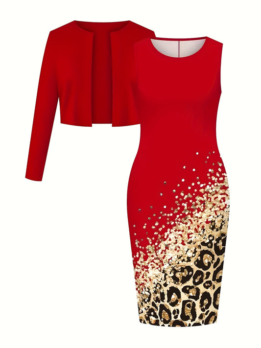 Women's Two-Piece Dress Set with Long-Sleeve Cardigan Top - New