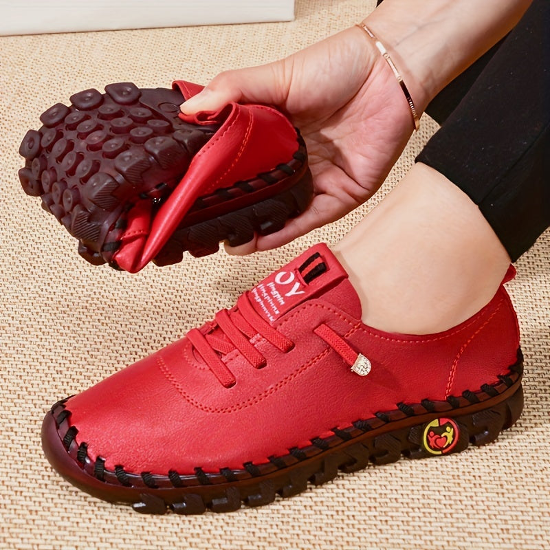 Women's Beige & Burgundy Round-Toe Casual Shoes - All-Season Synthetic Cover-like Upper with Cushioned PVC Sole, Round-Toe Walking Shoes for Square Dance, Dance Practice, Daily Wear - Comfortable Dress Footwear (Hand Washable
