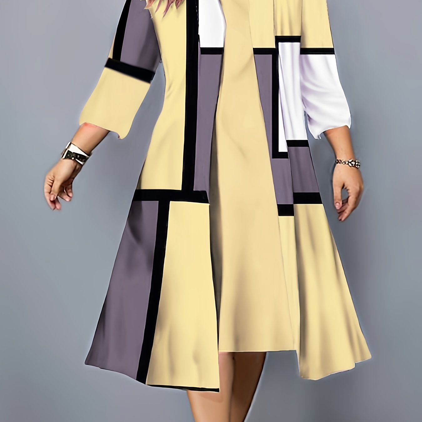Plus Size Geometric Print Two-piece Dress Set, Crew Neck Tank Dress & 3/4 Sleeve Open Front Top Outfits, Women's Plus Size Clothing