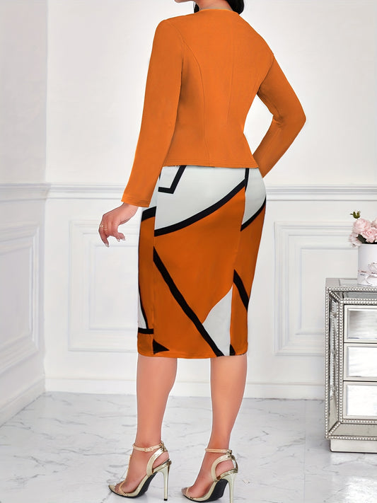 Print Two-Piece Dress Set for Women - Long Sleeve, Crew Neck, Stretch Fabric, Machine Washable