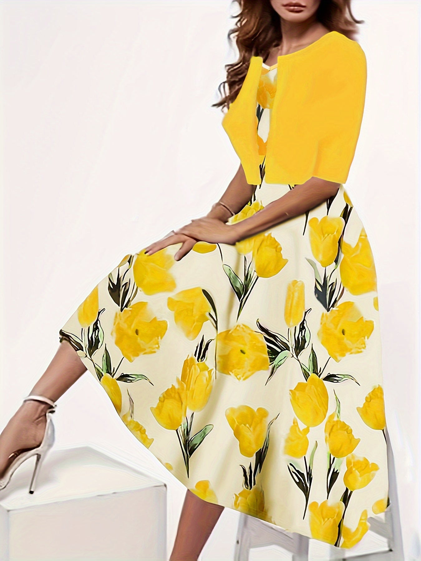 Plus Size Floral Print Two-piece Dress Set, V Neck Sleeveless Dress & Half Sleeve Open Front Top Outfits, Women's Plus Size Clothing