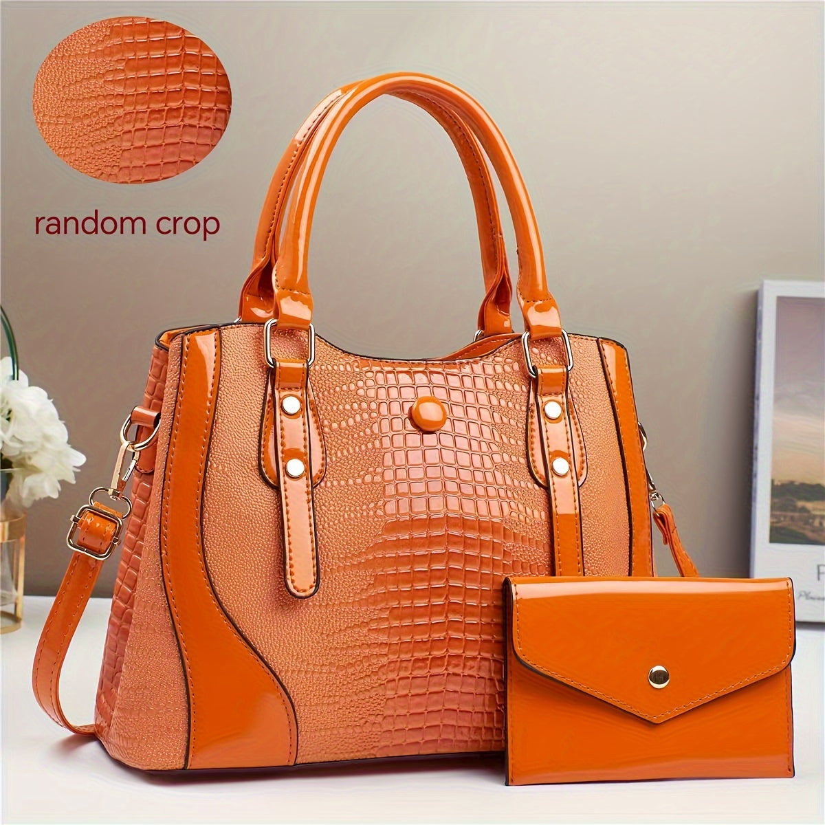 2-Piece Set Crocodile-Embossed PU Leather Handbags, Large Capacity Retro Style Bag, Fashionable Tote & Crossbody Bag For Women With Shoulder Strap
