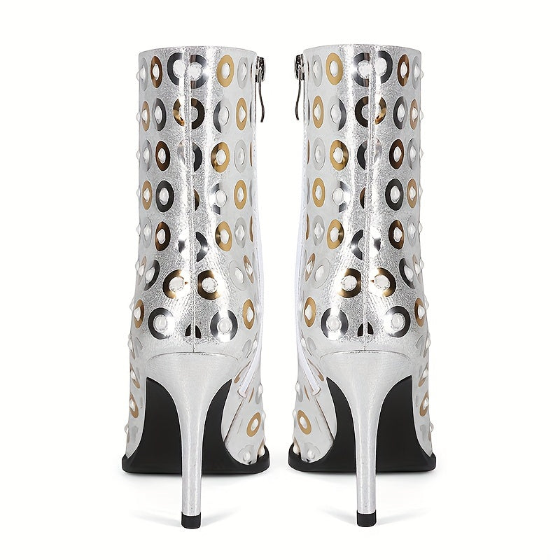 2025 Fashion Women's Shoes Pointed Toe Thin High Heel Short Boots Sequin Classic Silvery Fabric Colorful Sequins
